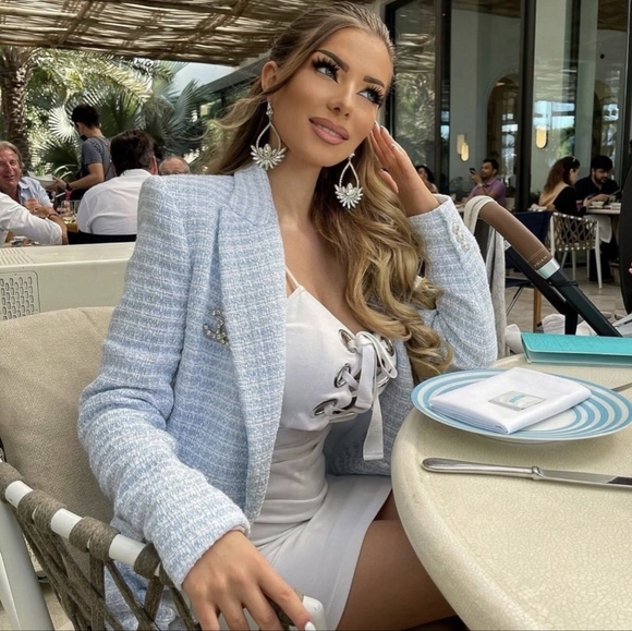 ZARA WOMAN NEW TEXTURED PLAID BLAZER DOUBLE BREASTED WHITE BLUE 8415/107 S - Picture 3 of 11